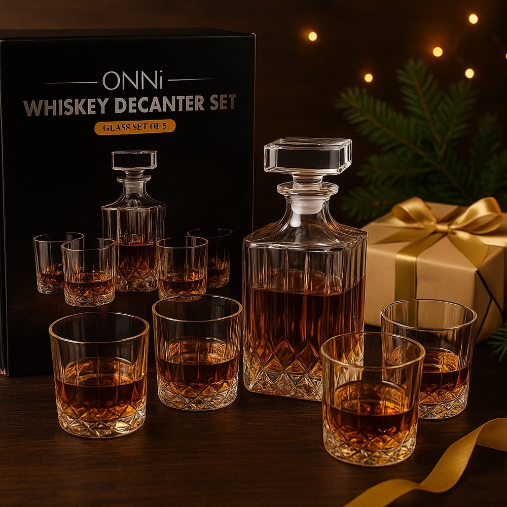 ONNi Crystal Whiskey Decanter Set with 4 Glasses | 5-Piece Barware Gift Set